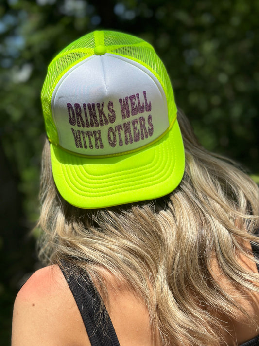 Drinks Well With Others Trucker Hat | Trending Ball Cap | Glitter Snapback | One Size Fits All