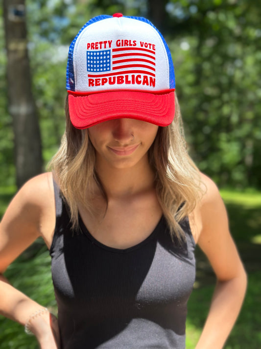 Pretty Girls Vote Republican Trucker Hat | Trending Ball Cap | Red White and Blue Snapback| One Size Fits All