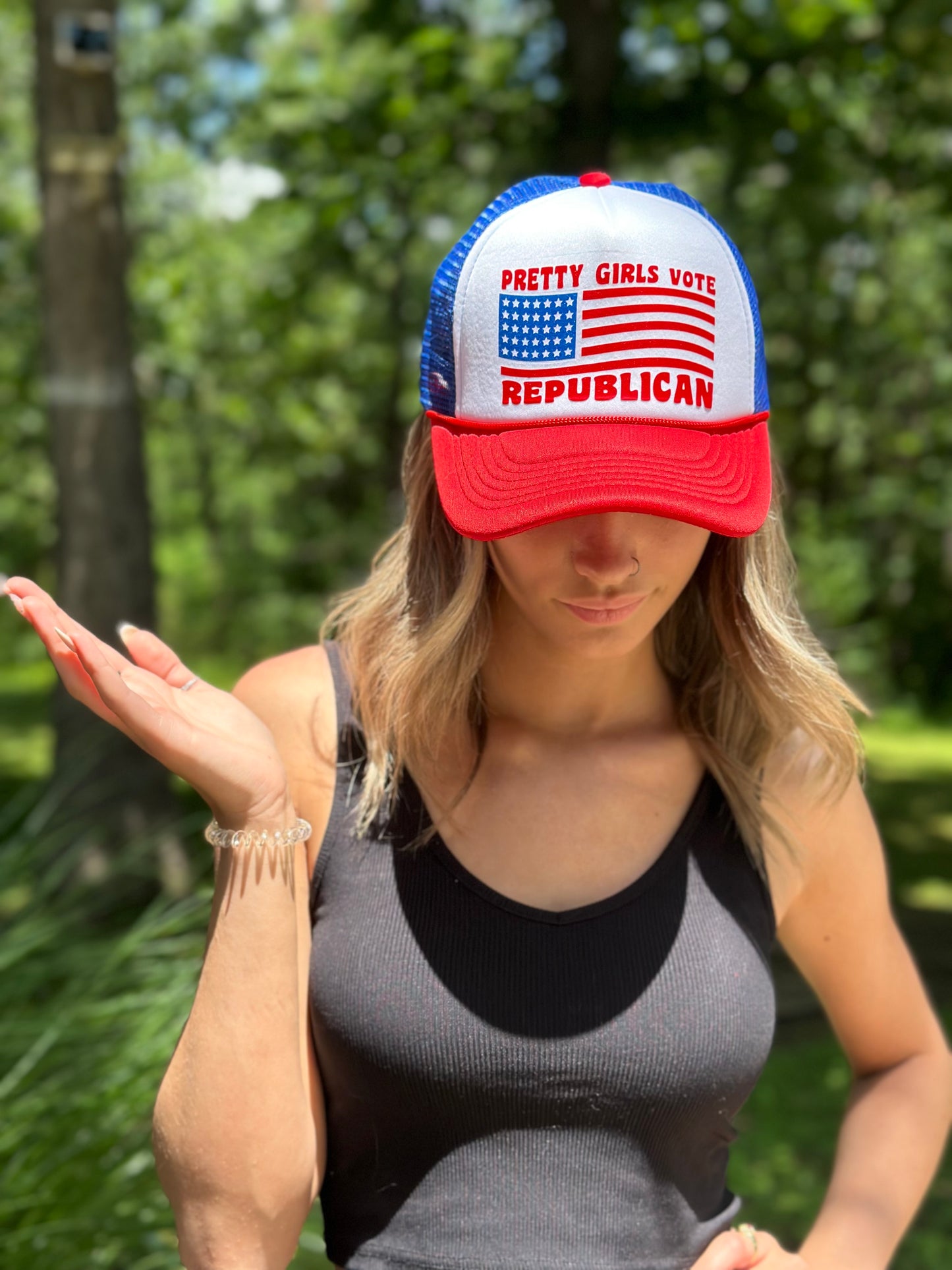 Pretty Girls Vote Republican Trucker Hat | Trending Ball Cap | Red White and Blue Snapback| One Size Fits All